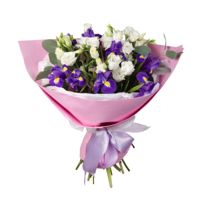 Букет «Подарок» – элегантная композиция из ирисов, эустом и эвкалипта Барнаул Алтайский край Букет «Подарок» – элегантная композиция из ирисов, эустом и эвкалипта Барнаул Алтайский край