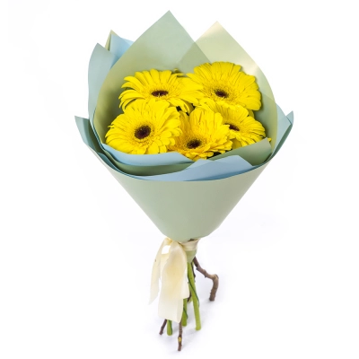 Яркий букет из 5 жёлтых гербер – как кусочек солнца в ваших руках Барнаул Алтайский край Яркий букет из 5 жёлтых гербер – как кусочек солнца в ваших руках Барнаул Алтайский край