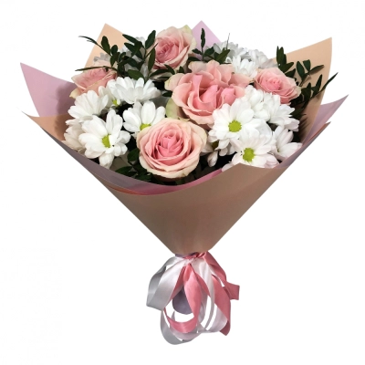 Букет из розовых роз и хризантем – нежность и долговечность Барнаул Алтайский край Букет из розовых роз и хризантем – нежность и долговечность Барнаул Алтайский край